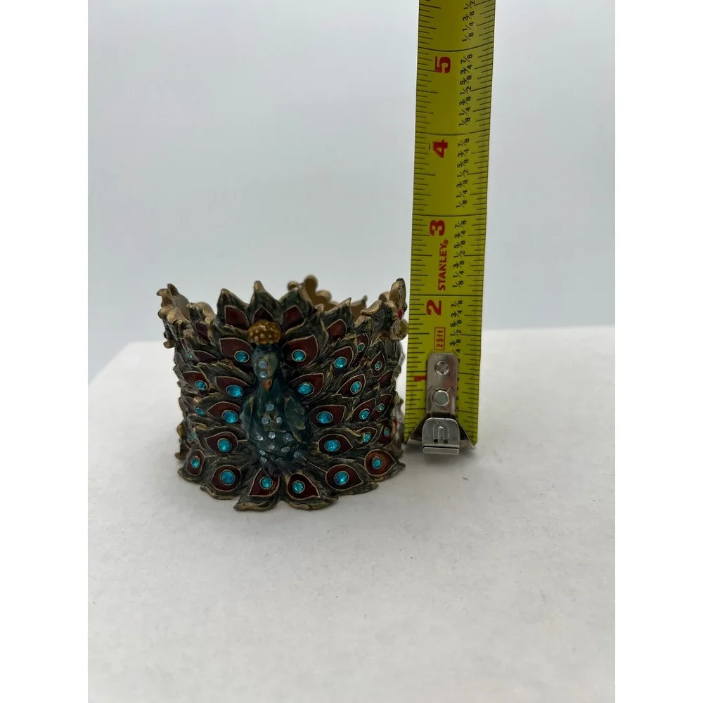 Jeweled Peacock Votive Candle Holder Gold Tone Enamel Rhinestone Floral Decor